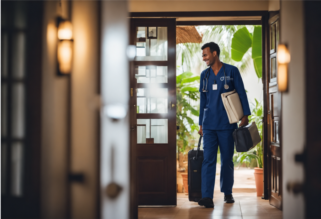 Doctor in a blue OCS Médecins uniform arriving at a home with medical bags