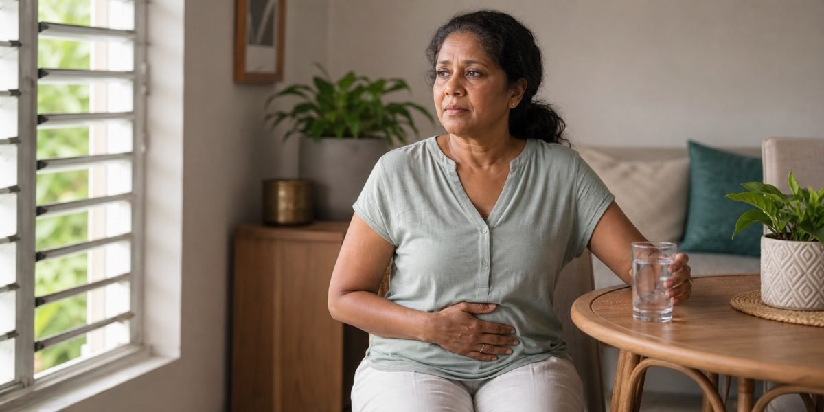 Woman experiencing abdominal discomfort at home in Mauritius