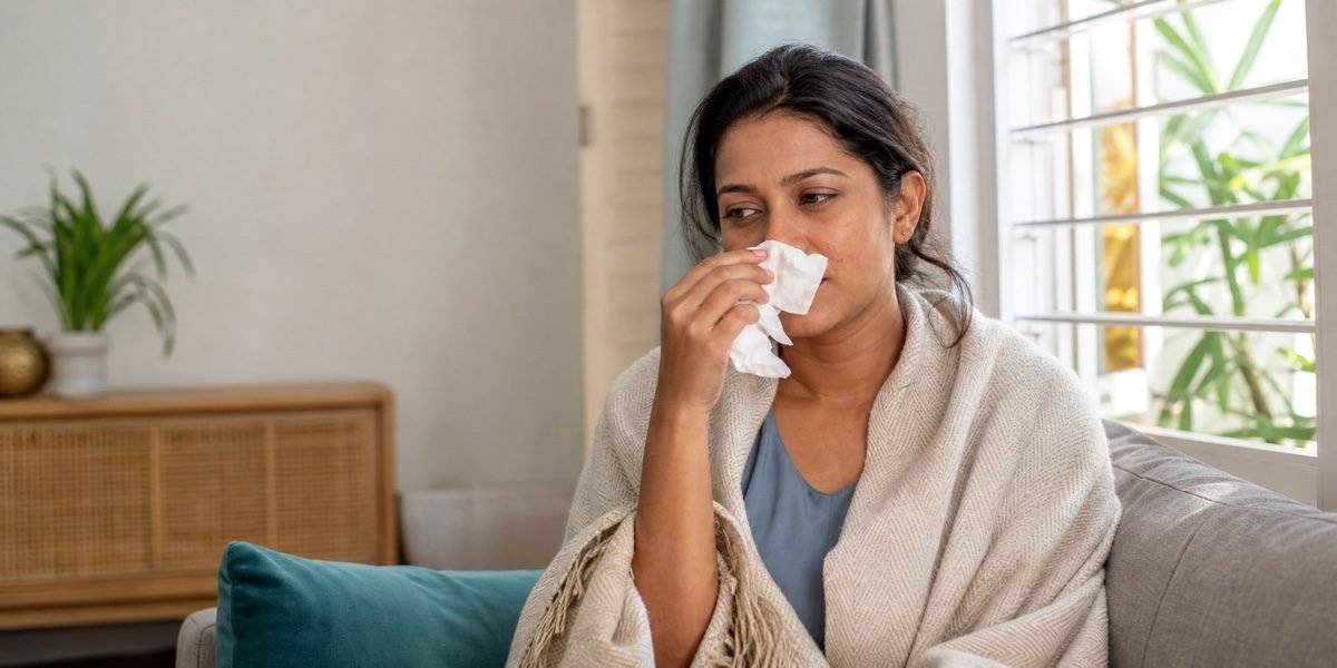 Woman resting at home with respiratory symptoms in Mauritius