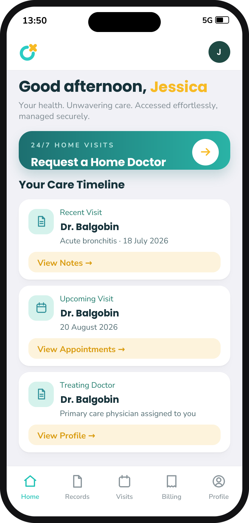 The OCS Care patient portal dashboard on a phone