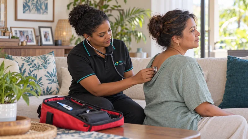Illustration of a doctor listening to a patient’s back during a home visit.