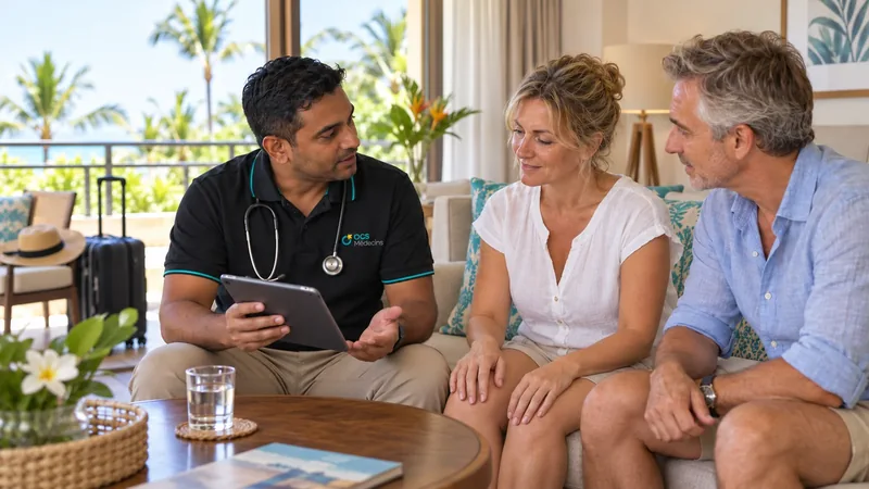 Illustration of an OCS doctor speaking with a tourist couple in a hotel suite.