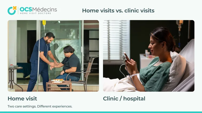 Branded comparison cover showing care at home on the left and a patient in a clinical bed on the right.