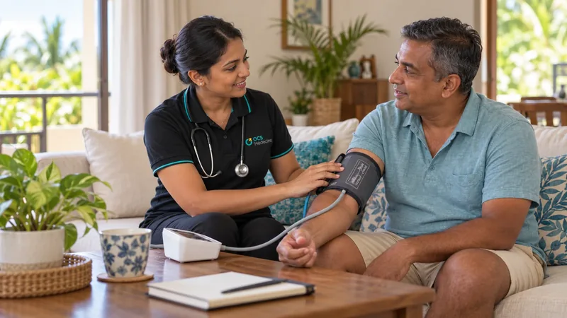 Illustration of an OCS doctor checking a man’s blood pressure at home.