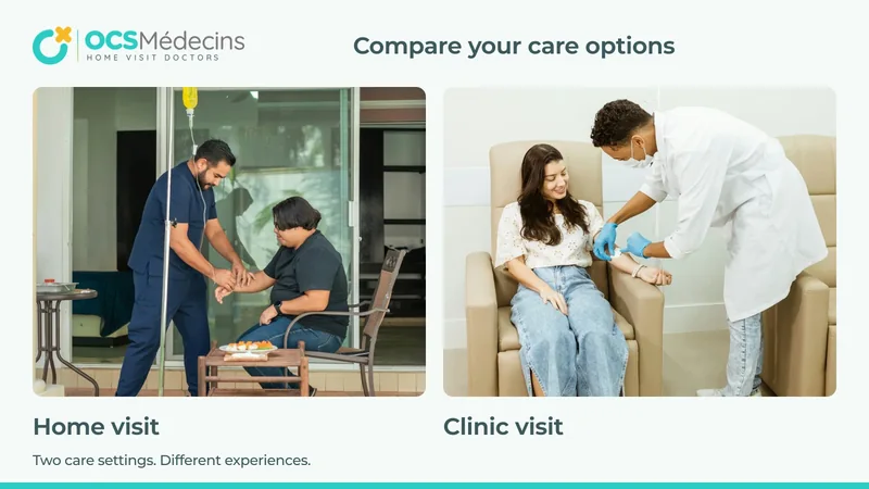 Branded comparison cover showing a home visit on the left and a clinician attending to a patient in a clinical setting on the right.